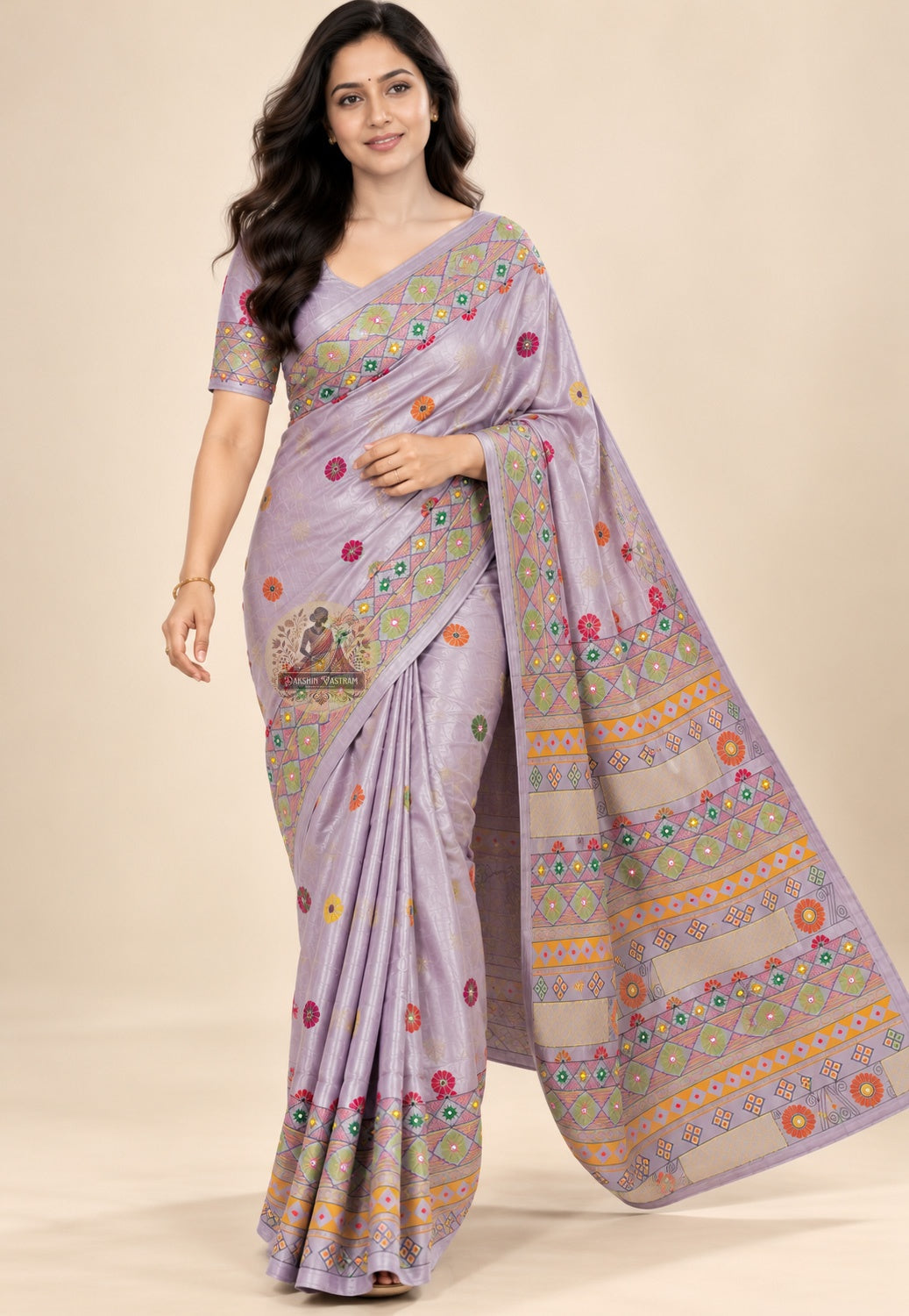 Front view of woman wearing deep saffron Bishnupur Kantha Silk Saree with gold silk blouse haldi ceremony pre-wedding Bishnupur Bengal