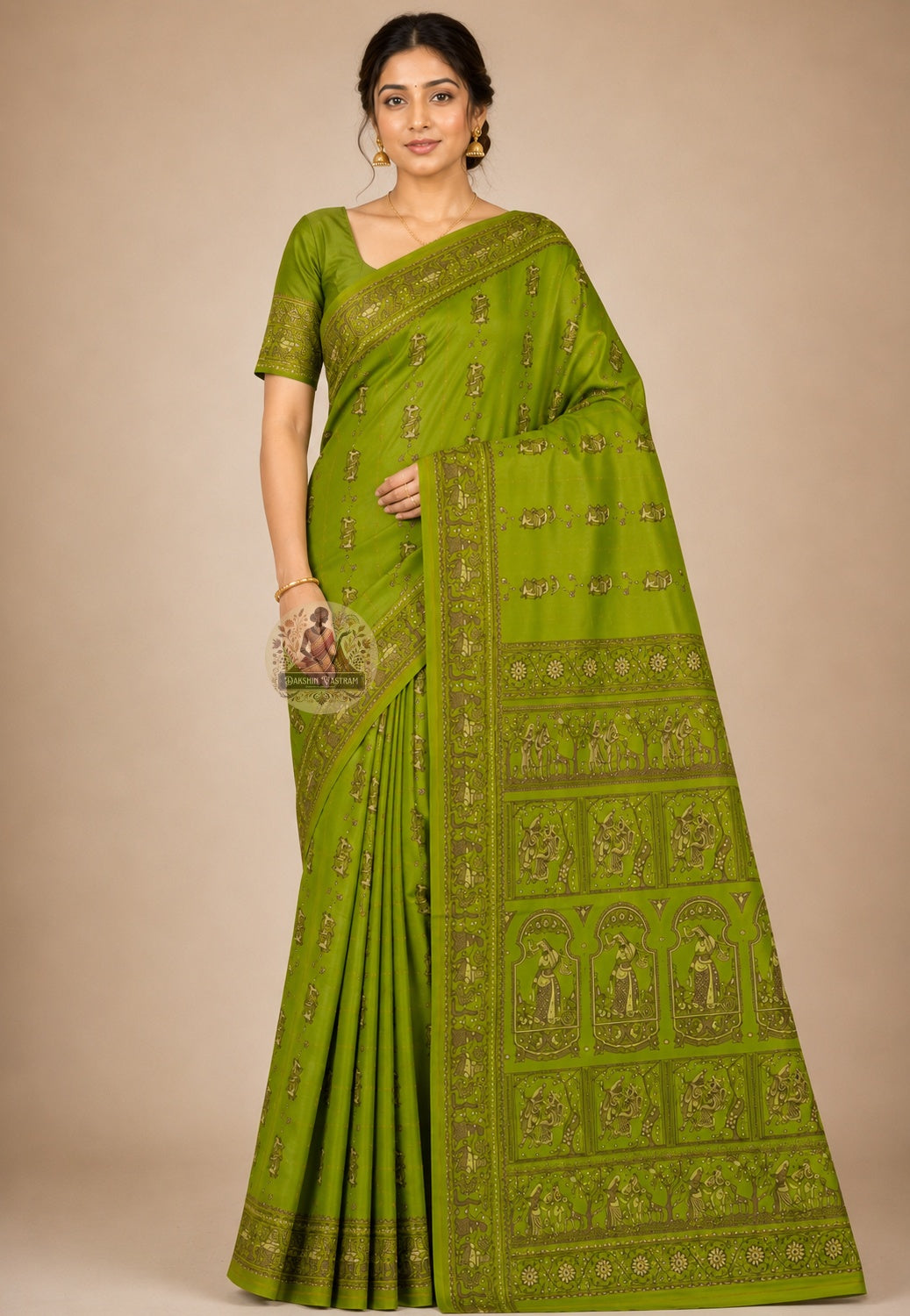 Front view of Baluchari Silk Saree with handwoven mythological narrative motifs, Baluchar West Bengal
