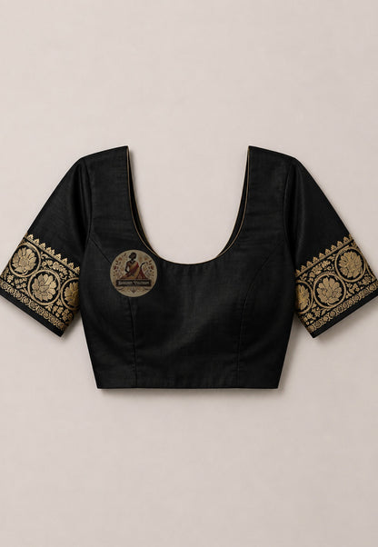 Matching unstitched blouse piece of premium Swarnachari silk saree in pure handloom silk with golden zari border trim, included with saree and ready for the threshold occasion