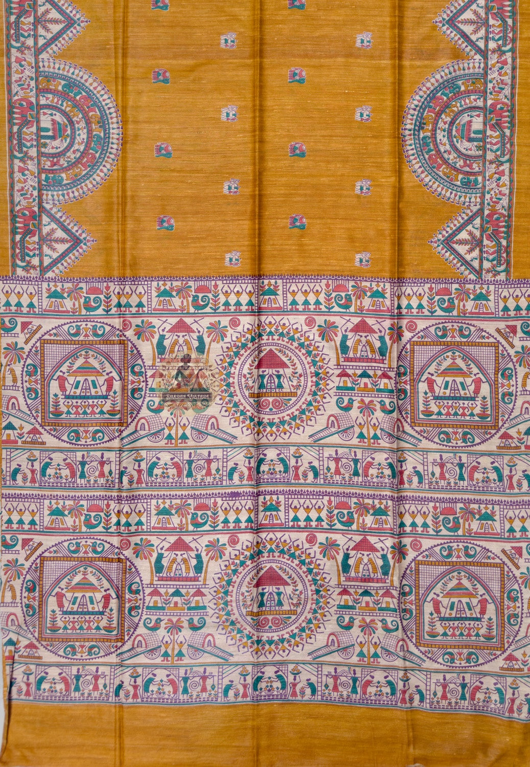 Close up of the pictorial pallu featuring figures, building-like forms and repeating ornamental bands