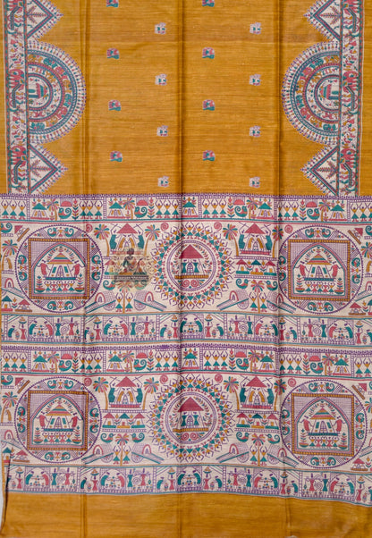 Close up of the pictorial pallu featuring figures, building-like forms and repeating ornamental bands