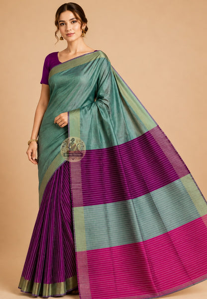 Front view of handwoven Bishnupur Pure Katan Silk Saree from Bengal, embodying quiet confidence with heritage motifs on the pallu and the composed effortless drape of pure Katan silk that needs no explanation