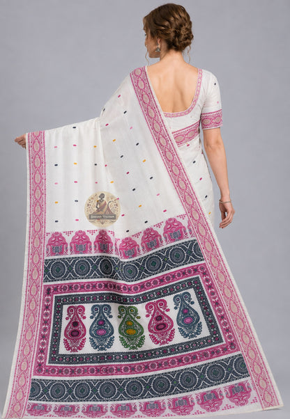 Front view of woman wearing Baluchari Silk Saree with antique gold jewellery, bridal reception collector occasion