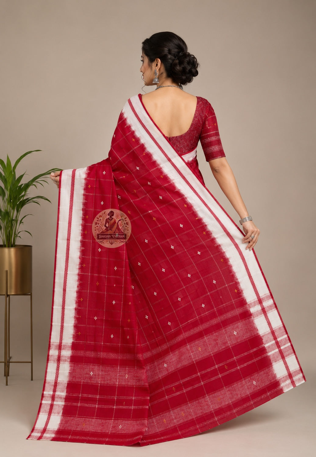 Rear view of West Bengal handloom cotton saree with pallu draped over the shoulder