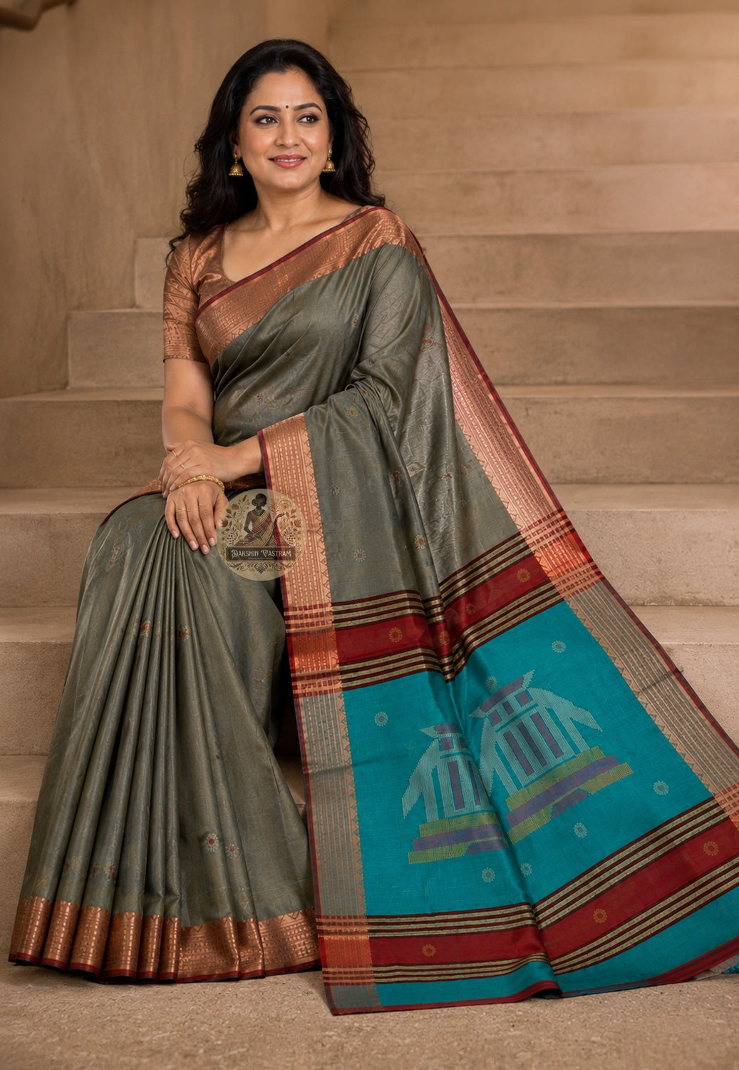 Front view of woman wearing Bishnupur Katan Silk Saree with silk blouse Karva Chauth ceremony Delhi Jaipur occasion