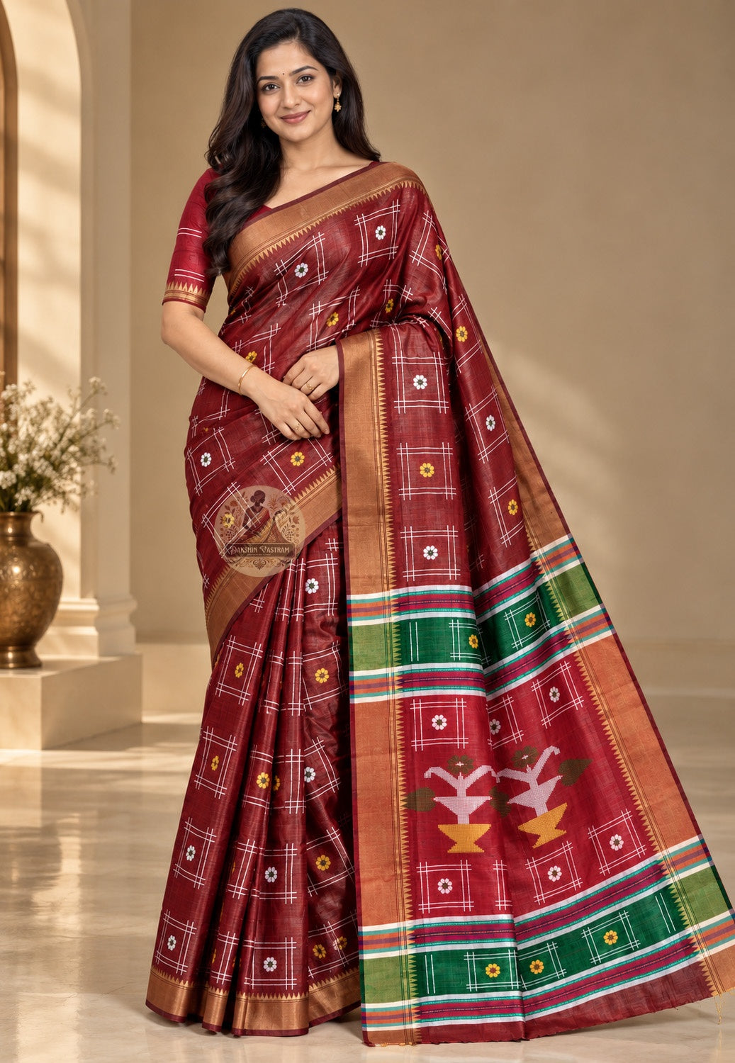 Front view of Bishnupur Katan pure silk bridal saree with traditional Bengal buti motifs, handwoven on pit loom for Bengali weddings and ceremonies