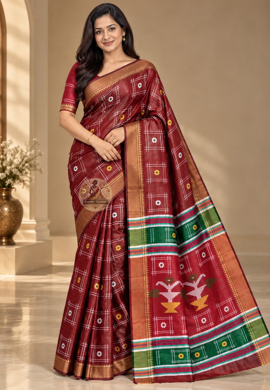Front view of Bishnupur Katan pure silk bridal saree with traditional Bengal buti motifs, handwoven on pit loom for Bengali weddings and ceremonies