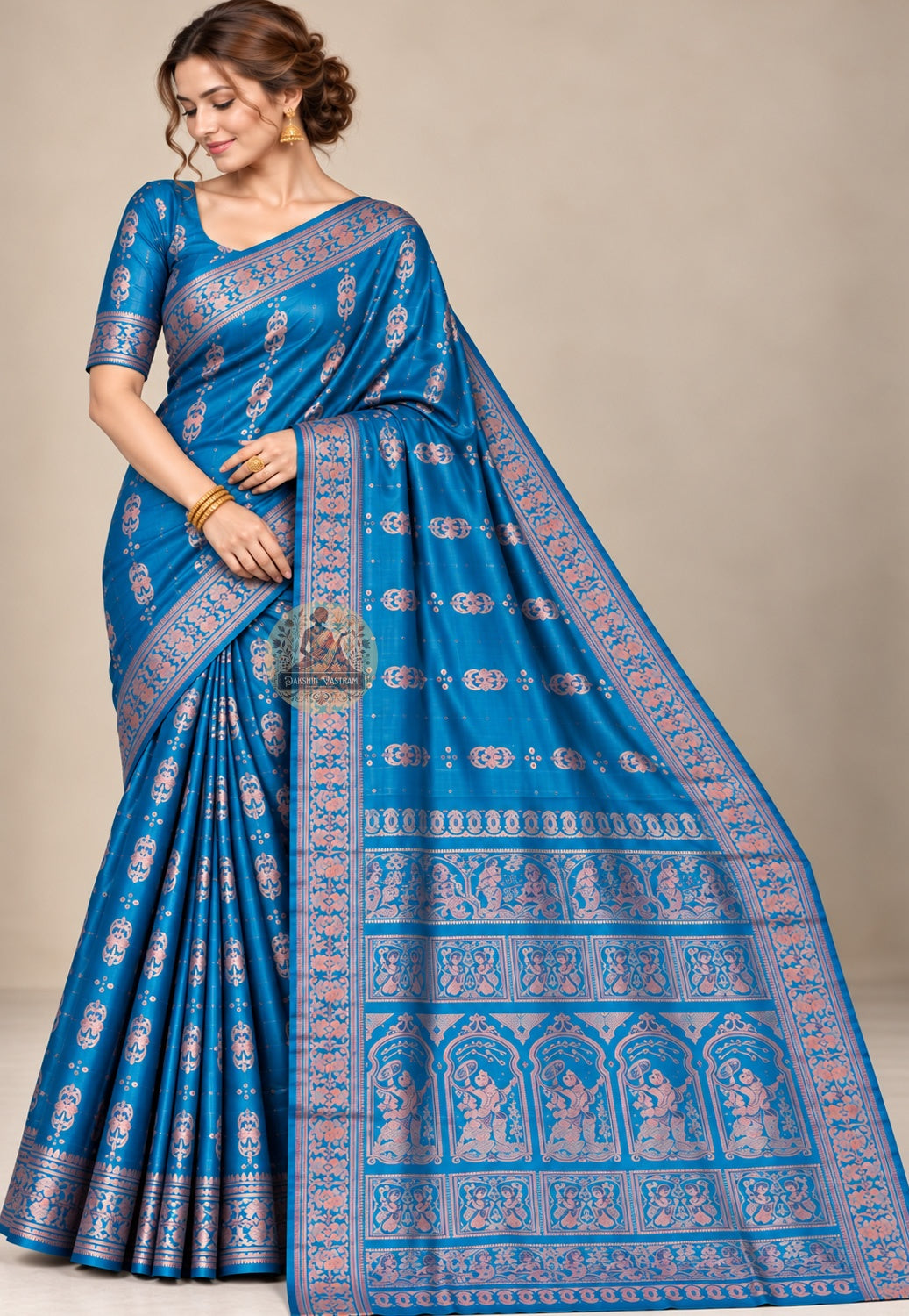 Front view of teal blue Swarnachari silk saree with pink-toned motifs and patterned borders