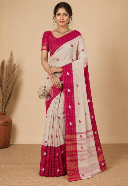 Front view of handloom pure cotton saree from West Bengal draped in classic Nivi style