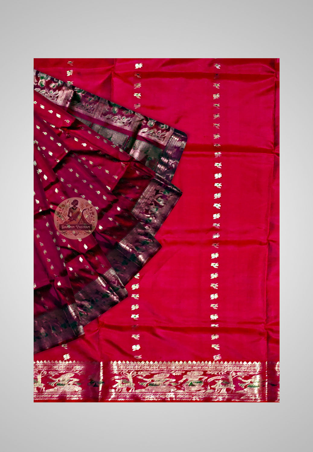 Full view of Handloom Swarnachari Saree displaying opulent design and timeless elegance