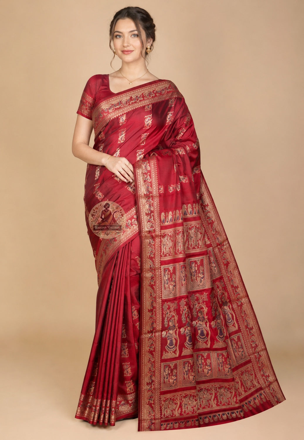 Front view of Swarnachari handloom silk saree with precision-woven golden zari border and temple-art motifs, West Bengal pit-loom craft