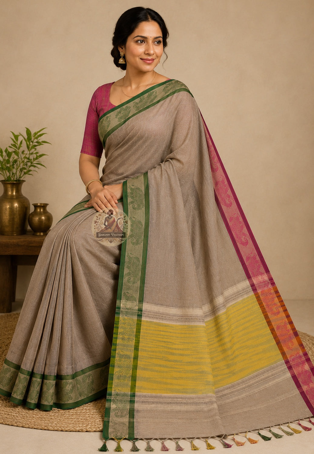 Rear view of West Bengal handloom cotton saree with pallu draped over the shoulder
