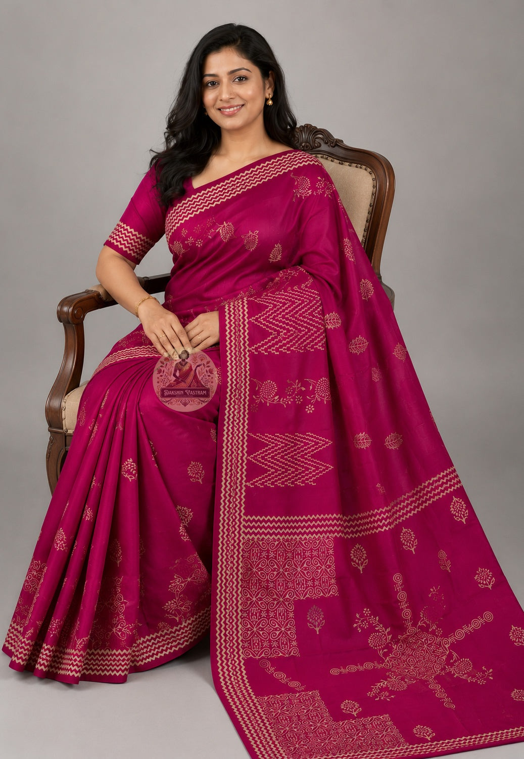 Side view of handwoven Bishnupur Silk Saree showing luxurious drape and fall of pure Katan silk fabric with intricate border detailing