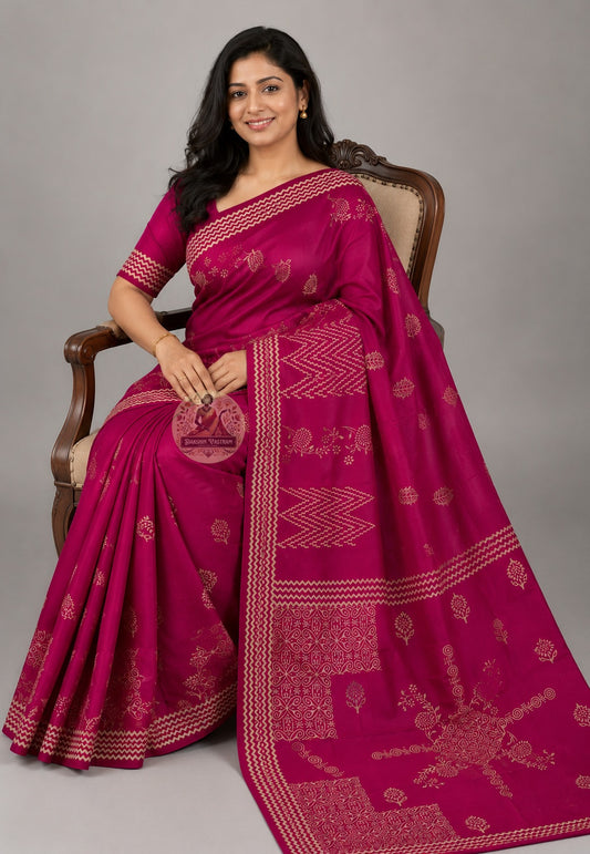 Side view of handwoven Bishnupur Silk Saree showing luxurious drape and fall of pure Katan silk fabric with intricate border detailing