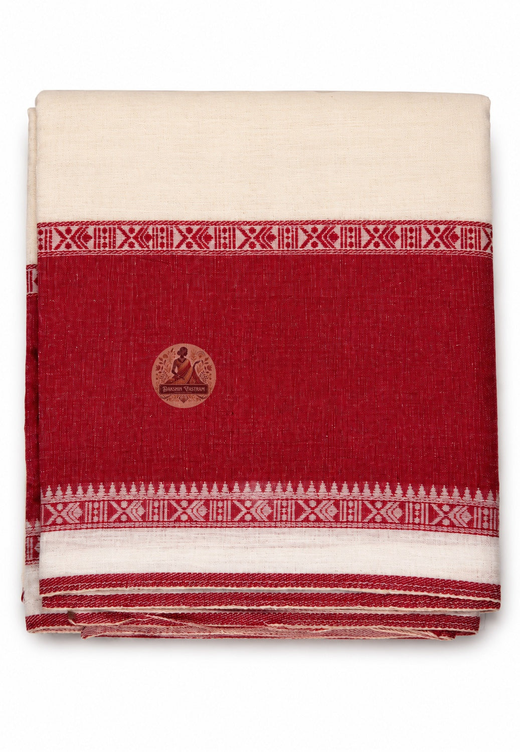 Close-up of woven border on Bengali handloom cotton saree showing artisan weave detail