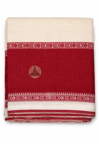 Close-up of woven border on Bengali handloom cotton saree showing artisan weave detail