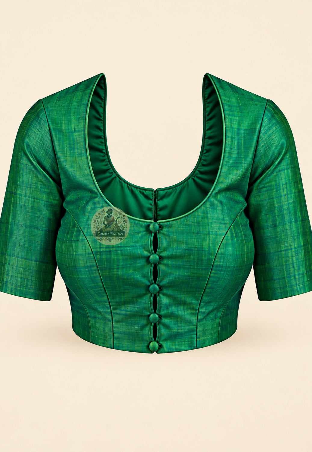 Blouse paired with emerald green Bishnupur silk saree in a matching green shade
