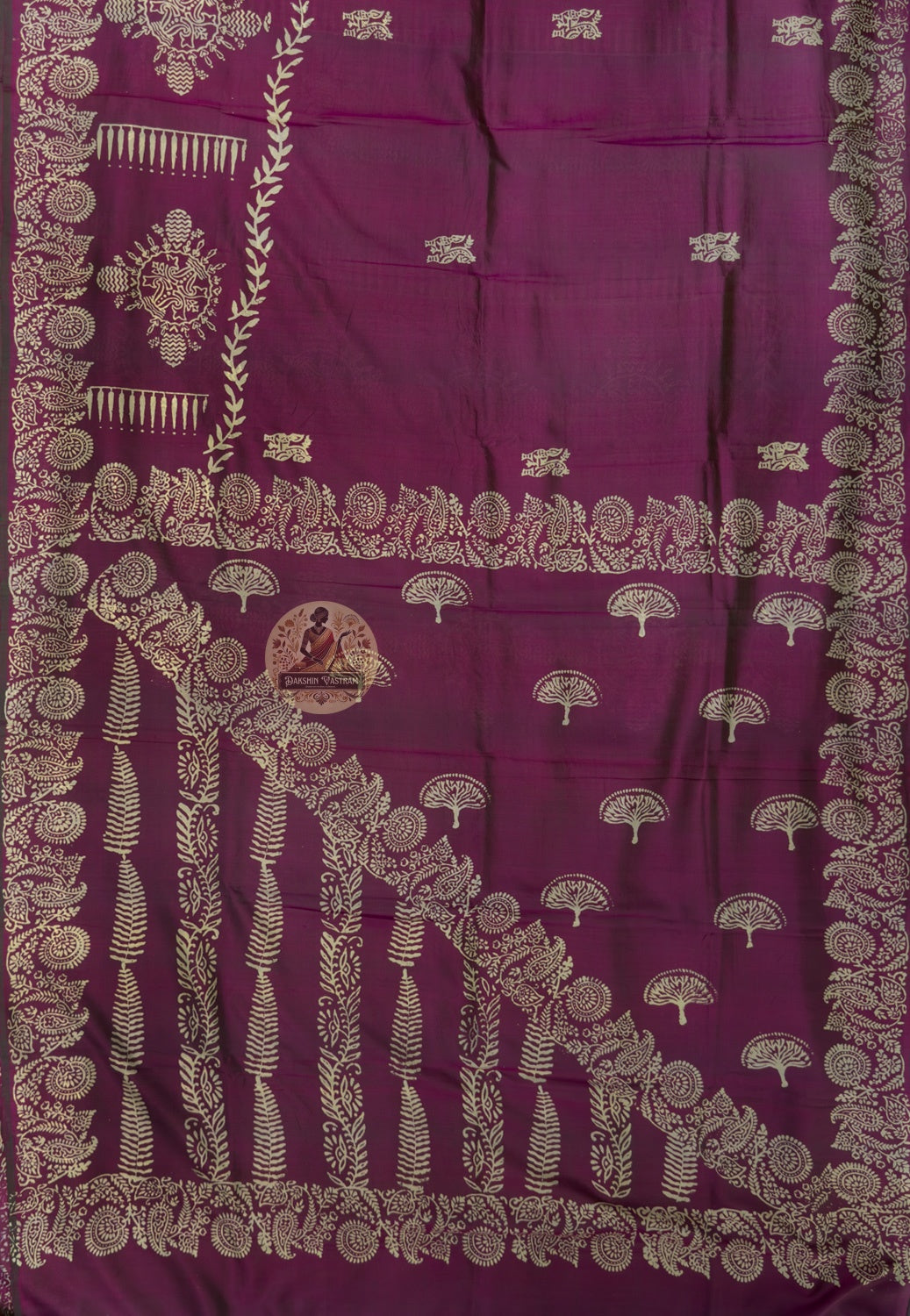 Close-up of Bishnupur pure Katan silk saree surface showing smooth handloom weave, rich colour and still water lustre