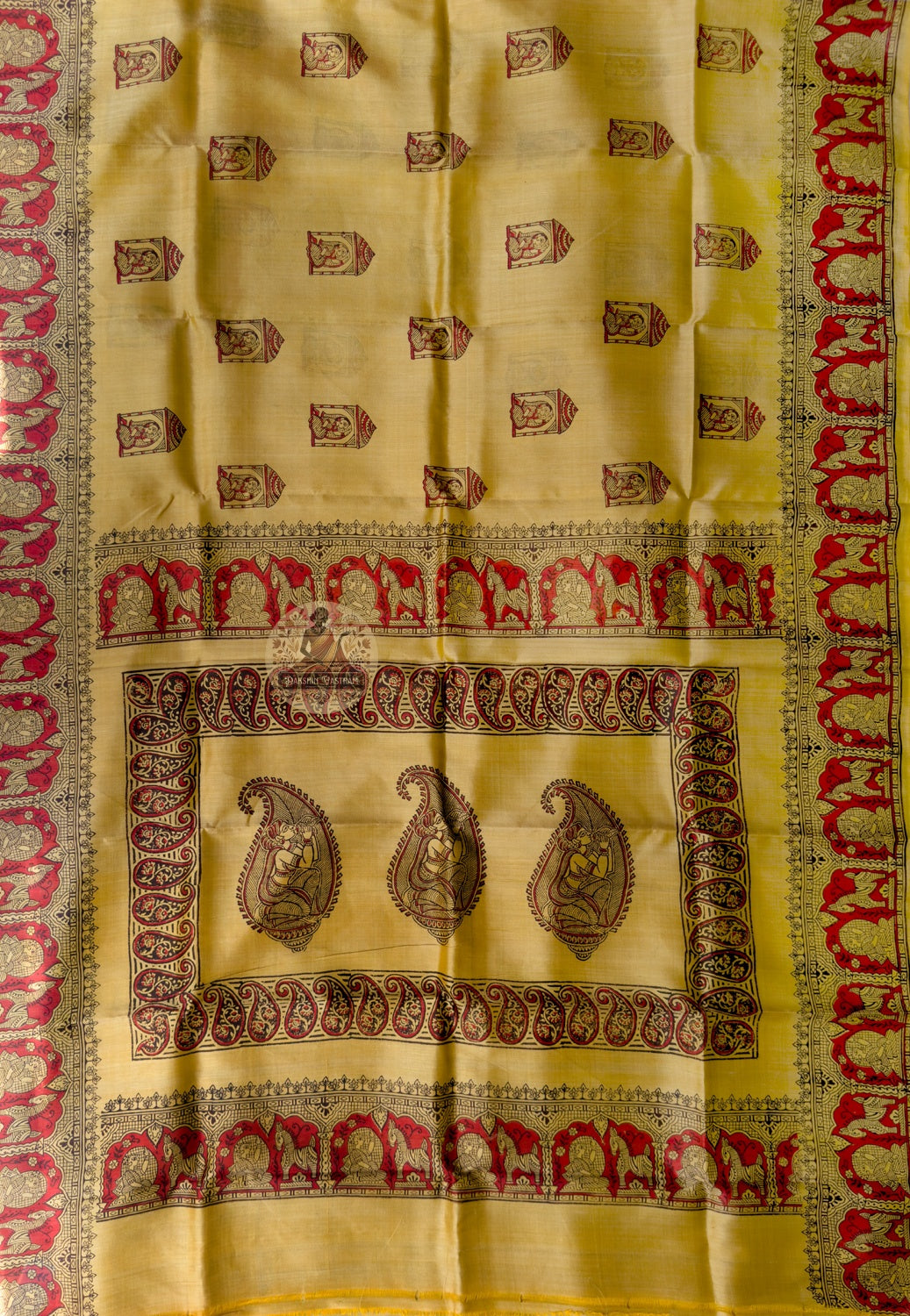 Rear view of Bishnupur Katan Silk Saree displaying pallu with diamond grid and mango buti Bengal weave