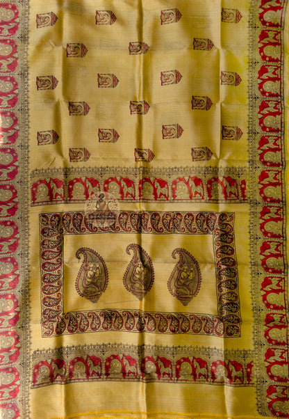Rear view of Bishnupur Katan Silk Saree displaying pallu with diamond grid and mango buti Bengal weave