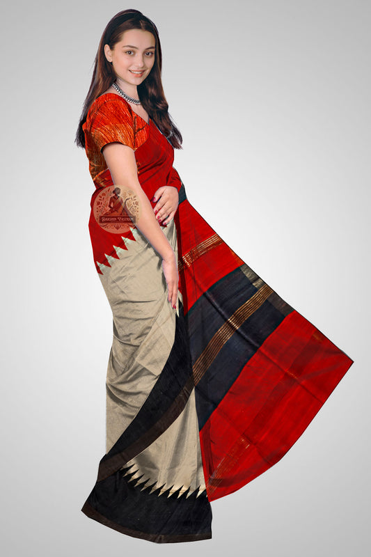 Shop Handwoven Tussar Saree – Side profile featuring elegant drape