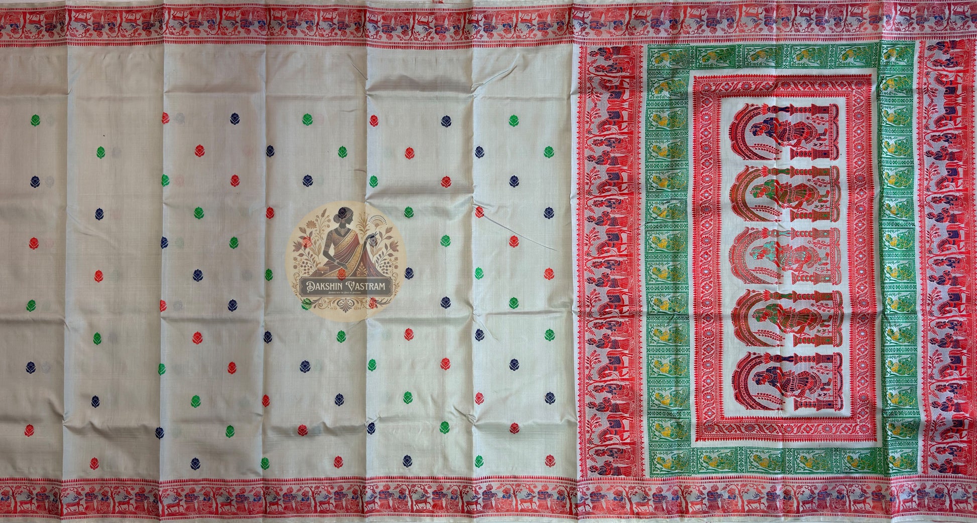 Macro close-up of individual hand-woven legendary motif on Baluchari Silk Saree by Dakshin Vastram, each figure placed with care thread by thread on the handloom in Bishnupur