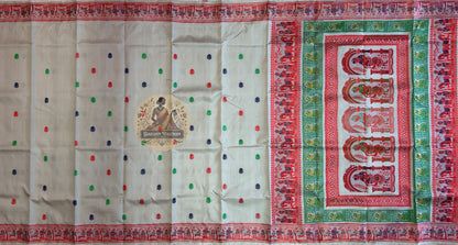 Macro close-up of individual hand-woven legendary motif on Baluchari Silk Saree by Dakshin Vastram, each figure placed with care thread by thread on the handloom in Bishnupur