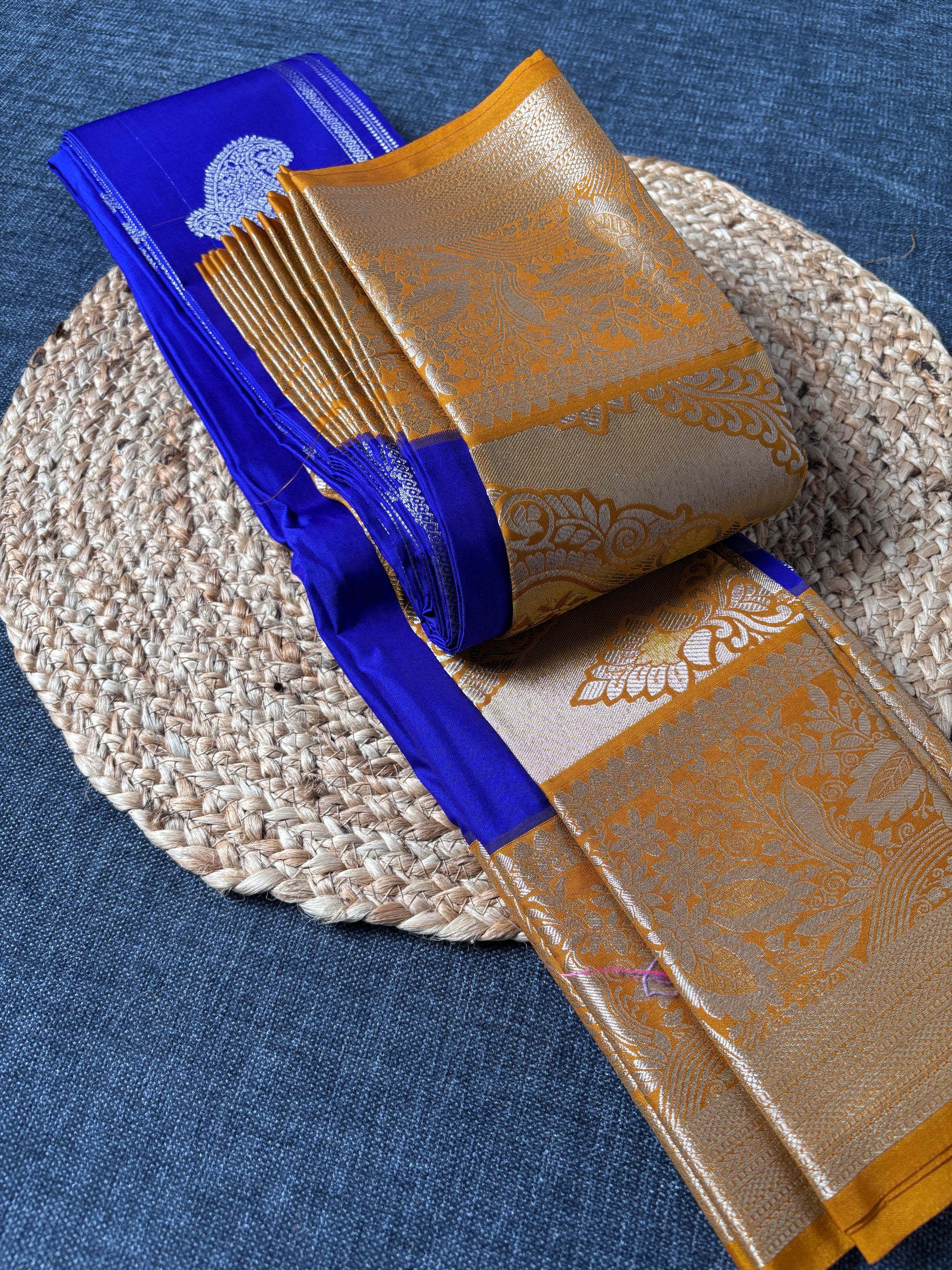 Close-up of traditional zari border on Semi Kanjivaram bridal saree – authentic South Indian handloom