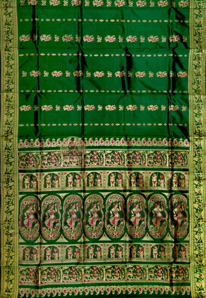 Full saree view of emerald green Baluchari silk saree with repeating motifs and an ornate pallu