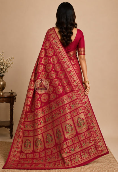 Rear view of Swarnachari silk saree displaying intricate zari pallu with mythological motifs, handwoven Bengal