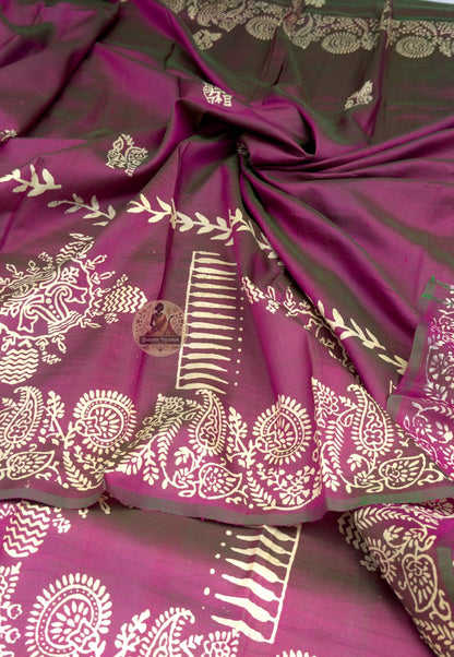 Close-up of Bishnupur Katan silk saree pallu with handwoven blooming motifs from Bankura Bengal visual tradition