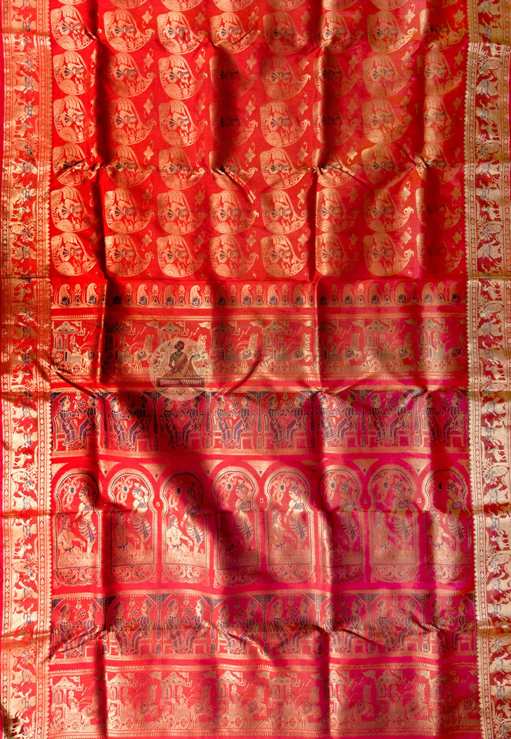 Close-up of pure golden zari Durga on lion throne ten-armed goddess woven into pallu of Swarnachari Silk Saree Bishnupur craft