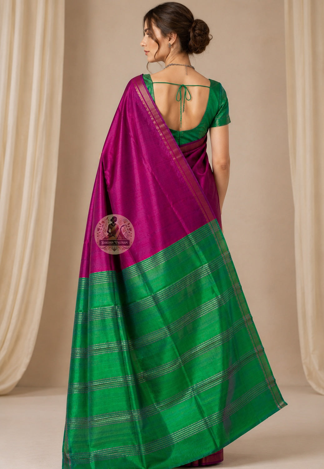 Rear view of handwoven Bishnupur Katan Silk Saree revealing the full pallu with hand-woven heritage motifs drawn from Bishnupur's terracotta temple tradition, crafted to be worn at moments that matter and remembered long after
