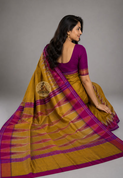 Rear view of Bishnupur Silk Kotki Saree displaying the richly woven pallu with traditional Bengal temple motifs and floral repeats, handcrafted by artisan weavers of Bishnupur