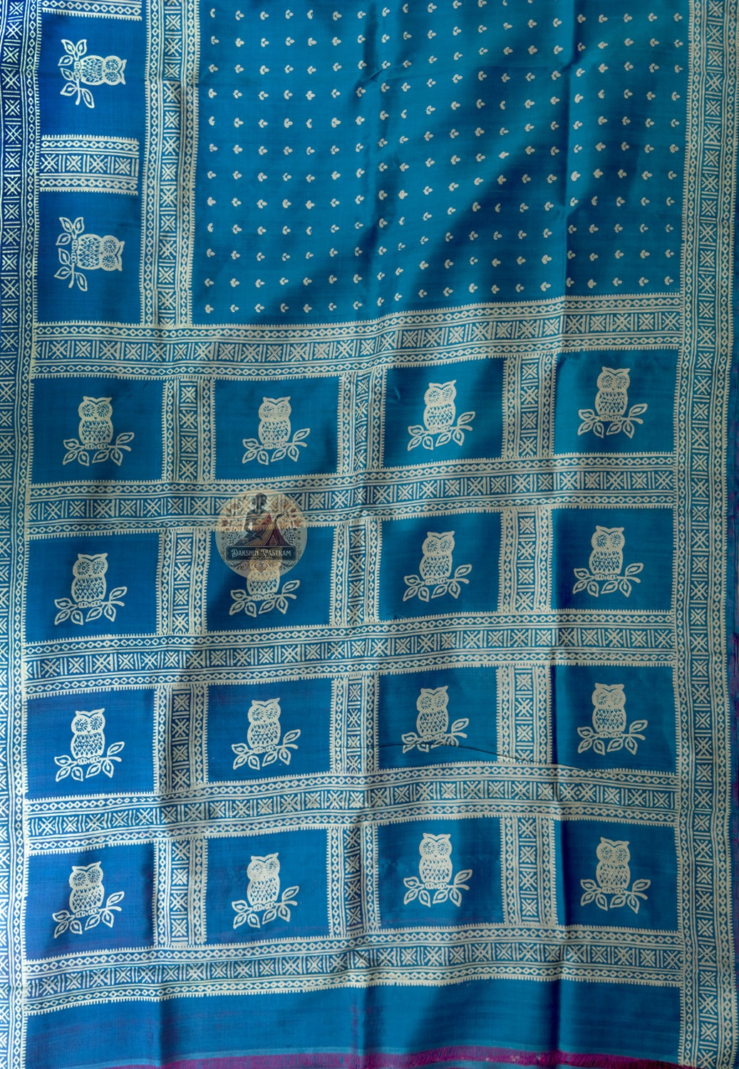 Rear view of Bishnupur Katan Silk Saree displaying pallu with peacock feather eye and chevron Bengal motifs