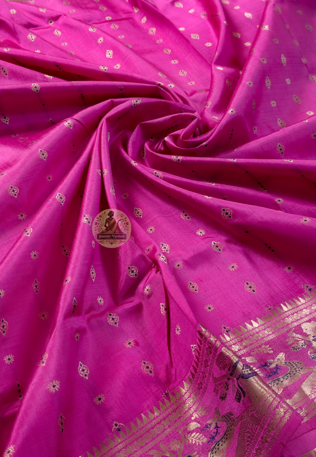 Rear view of Swarnachari silk saree showcasing fully expressed pallu with Ramayana Mahabharata and Bishnupur temple art golden zari translations reading as text in pure silk