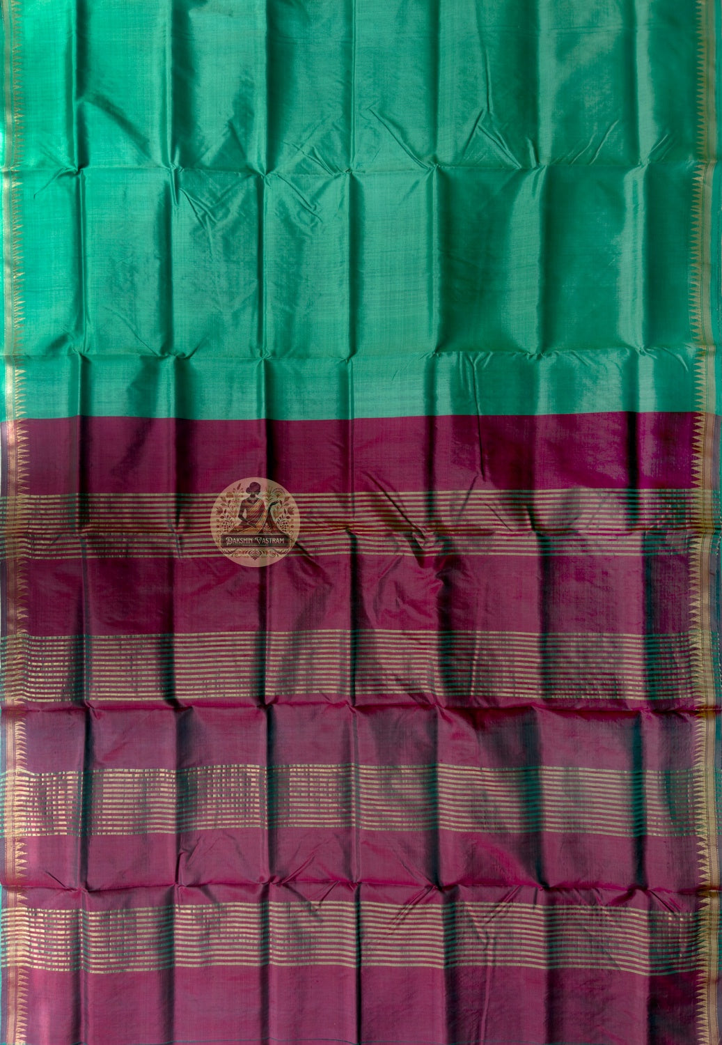 Close-up of handwoven tulsi leaf grid with zari bell flower buti detail on Bishnupur Katan Silk Saree border