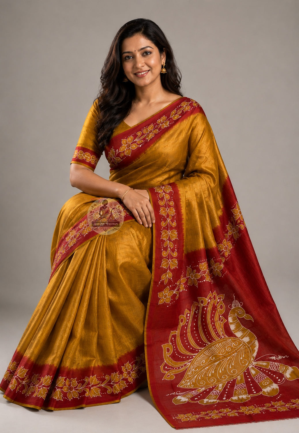 Side view of premium Bishnupur Katan Silk Saree showing the fluid sideward drape of dense pure silk with ornate woven border and rich tonal depth