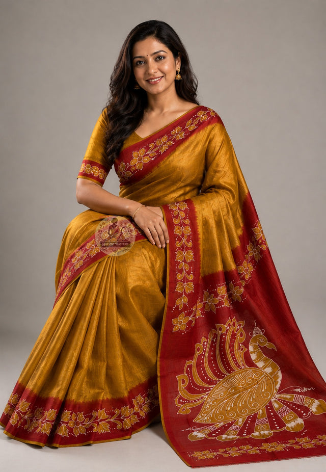 Side view of premium Bishnupur Katan Silk Saree showing the fluid sideward drape of dense pure silk with ornate woven border and rich tonal depth