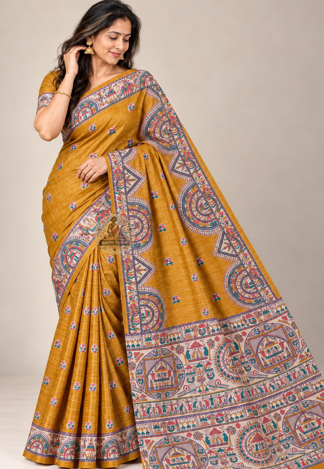 Front view of mustard-gold Ghicha Tussar silk saree with small multicoloured motifs and broad patterned borders