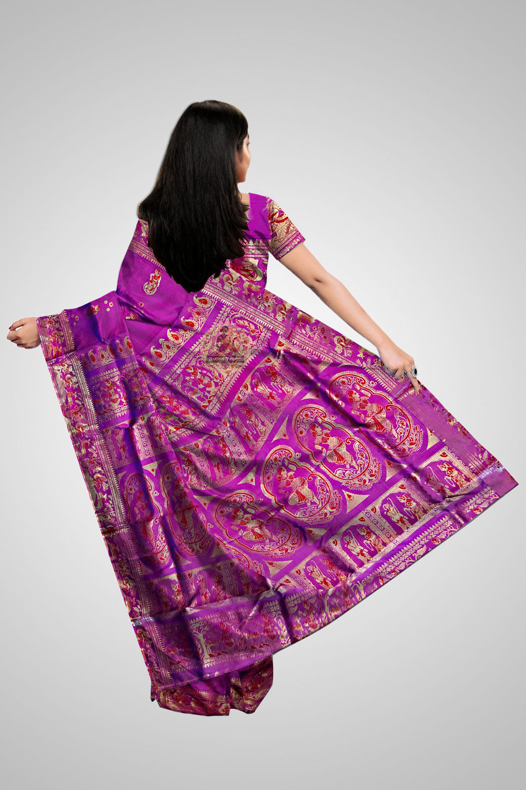 Buy Bengal Swarnachari Sarees – Rear view with pallu art