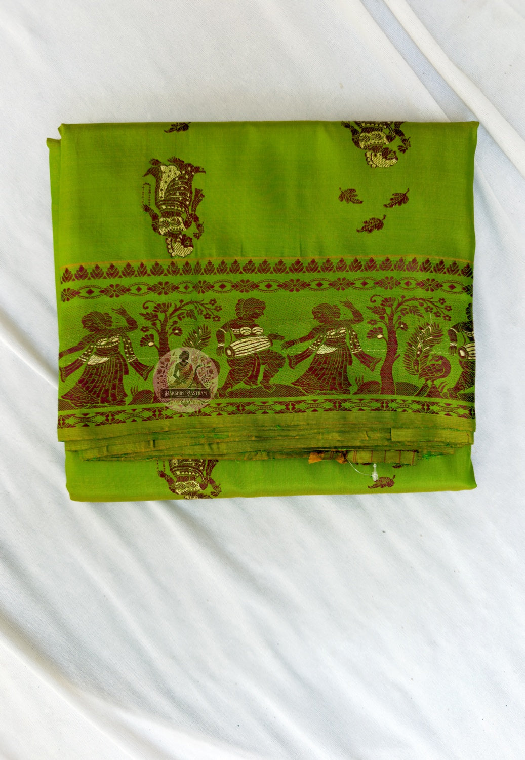 Close-up of Mughal court motifs woven into border of Baluchari Silk Saree, traditional Bengal handloom