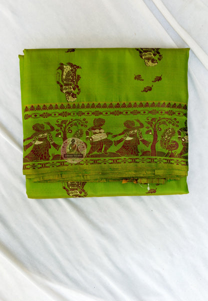 Close-up of Mughal court motifs woven into border of Baluchari Silk Saree, traditional Bengal handloom