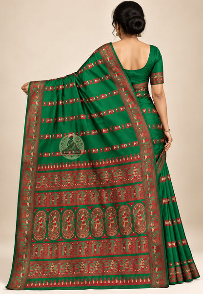Side view of Bishnupur Baluchari pure mulberry silk narrative heirloom saree displaying natural lustrous drape and silk depth for Durga Puja Ashtami and Indian wedding receptions
