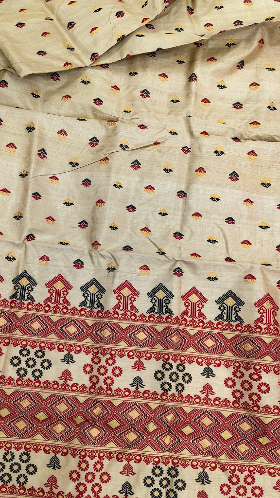 Front view of woman in heirloom handloom Muga silk saree, traditional drape showing Assam natural golden silk maturing in the light, a fabric thinking about the next generation