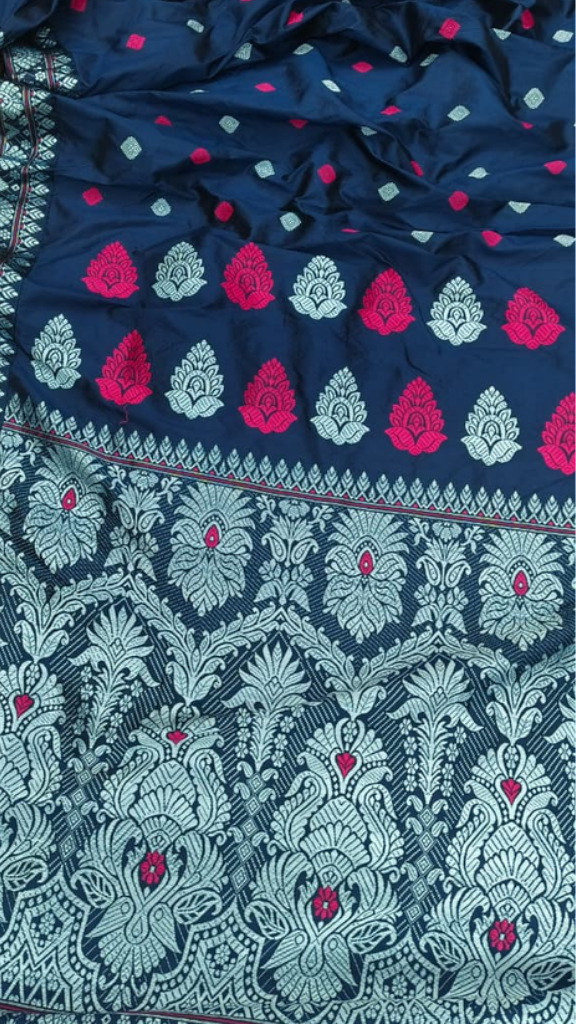Buy Assam silk saree – side profile showing smooth silk flow