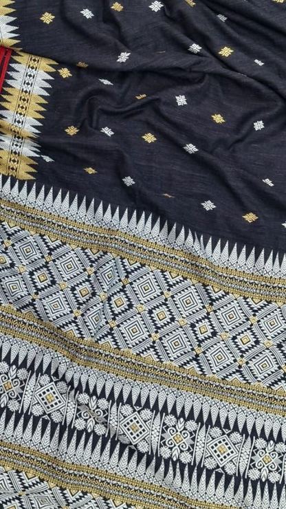 Handwoven Eri Silk Saree from Assam in full drape, natural matte finish, traditional handloom weave, Dakshin Vastram