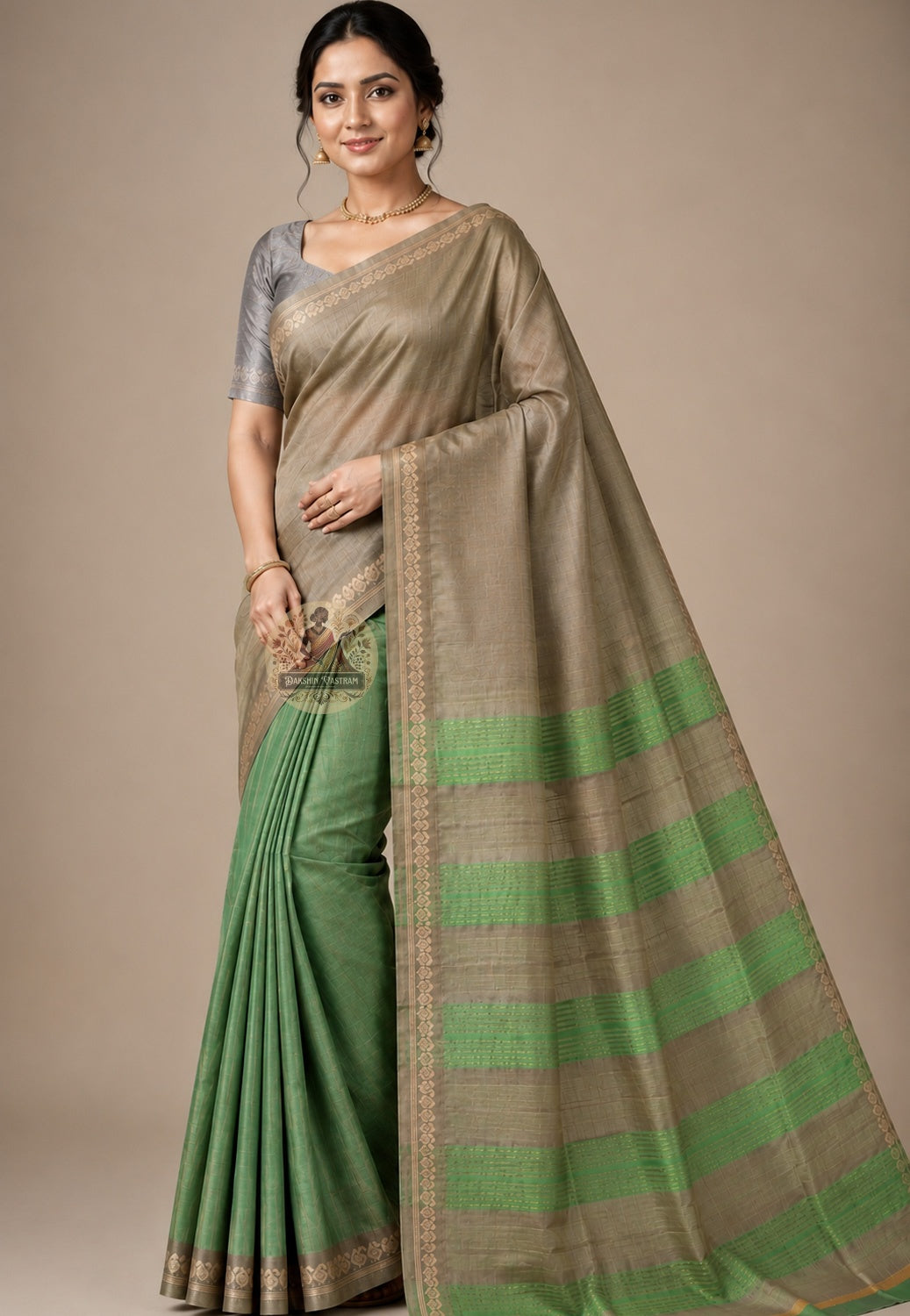 Front view of Bishnupur Pure Katan Silk saree with Bengal heritage motifs draped in classic Nivi style