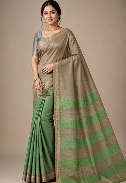 Front view of Bishnupur Pure Katan Silk saree with Bengal heritage motifs draped in classic Nivi style