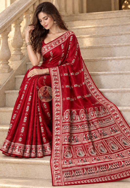 Front view of maroon Baluchari silk saree showing Ramayana narrative panels and luminous silk thread motifs on deep ceremonial maroon ground